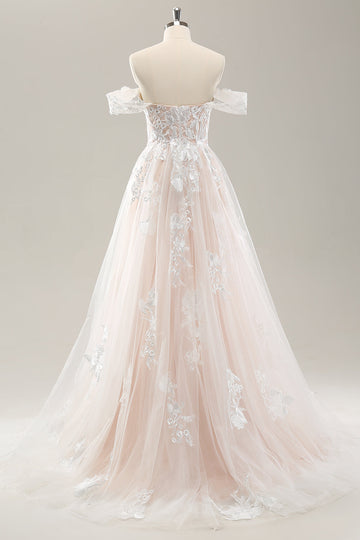 Hvid A Line Off the Shoulder Tulle Brudekjole med Applique Lace